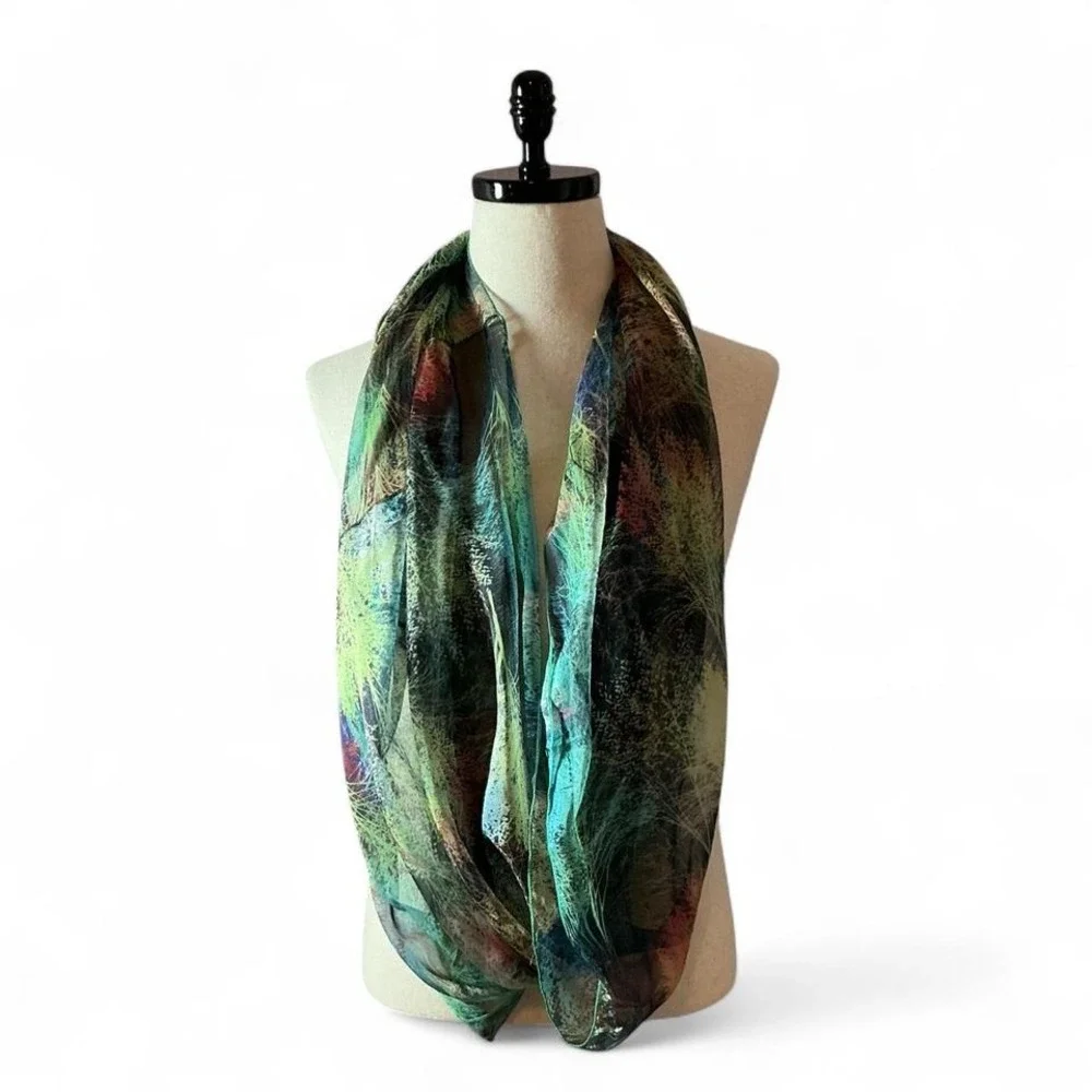 Abstract Print Infinity Scarf Viscose Silk Blend Lightweight‎ Sheer Women